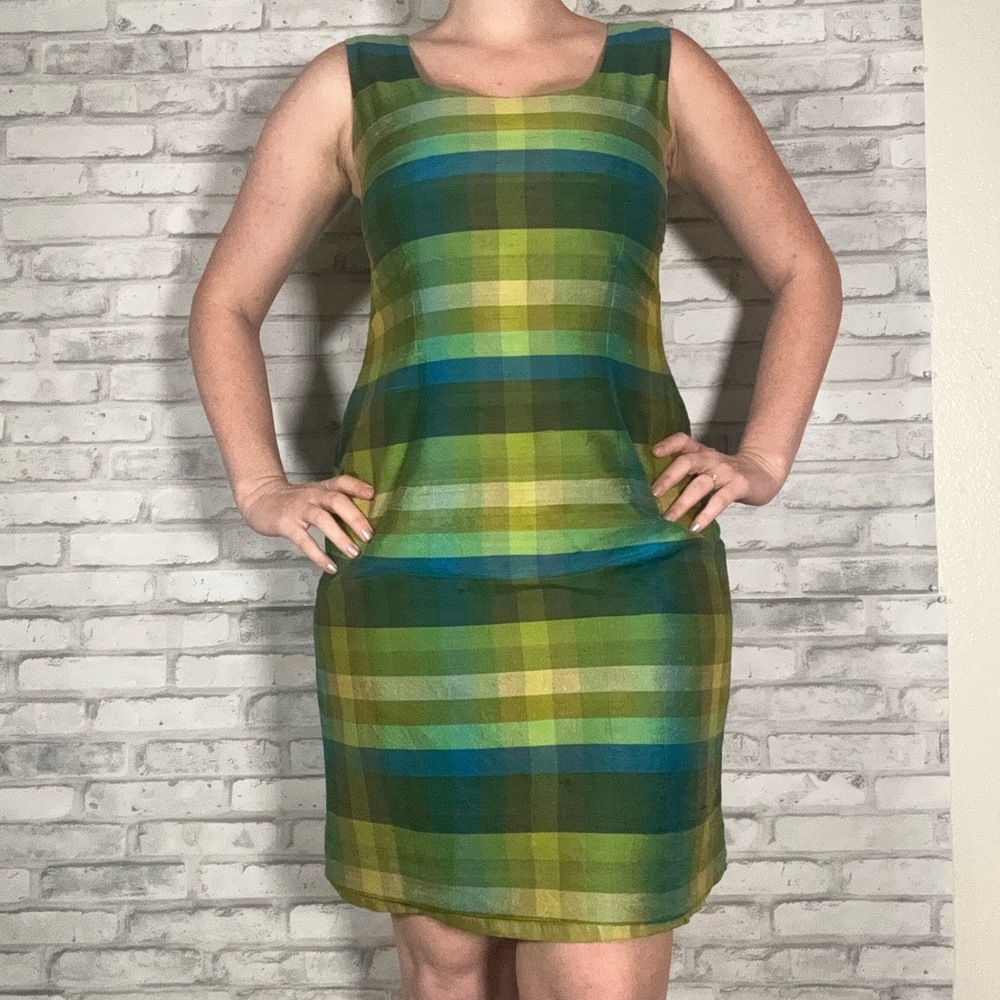 Jessica Howard Green Blue Striped Plaid Silk Sheath Fitted Dress Art-Wear